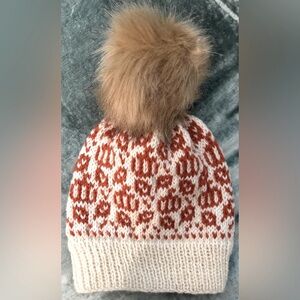 Handmade Hand Crafted Adult Fall Knit Wool Hat Cream and Pumpkin